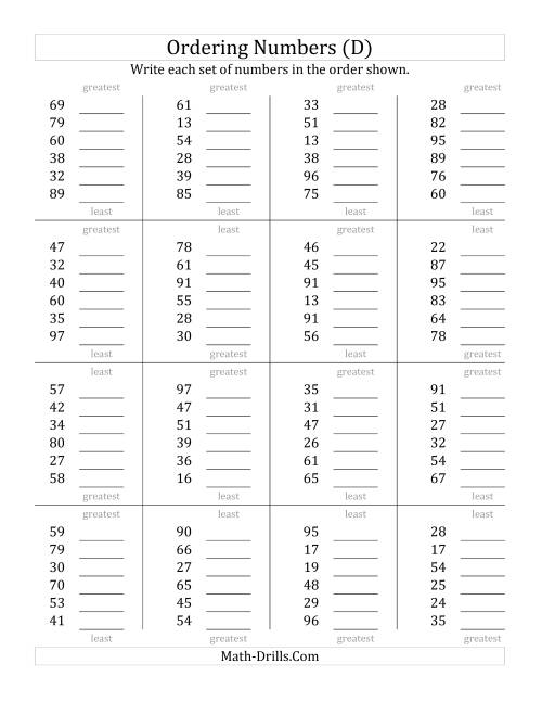 The Ordering Numbers (Range 10 to 99) (D) Math Worksheet
