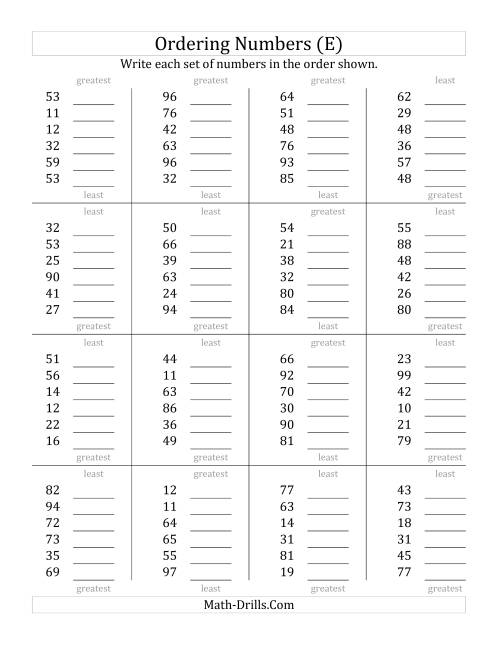 The Ordering Numbers (Range 10 to 99) (E) Math Worksheet