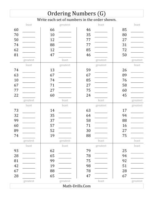 The Ordering Numbers (Range 10 to 99) (G) Math Worksheet