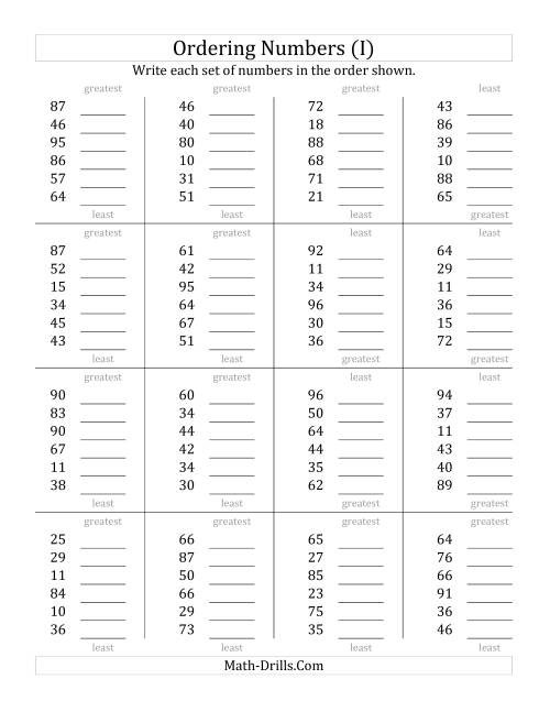 The Ordering Numbers (Range 10 to 99) (I) Math Worksheet