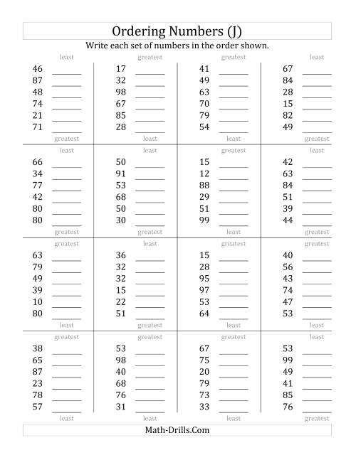 The Ordering Numbers (Range 10 to 99) (J) Math Worksheet