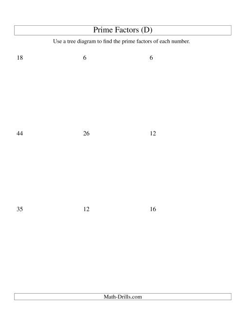 The Prime Factor Trees (Range 4 to 48) (D) Math Worksheet