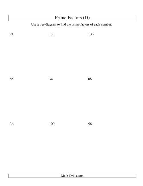 The Prime Factor Trees (Range 4 to 144) (D) Math Worksheet