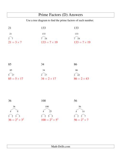 The Prime Factor Trees (Range 4 to 144) (D) Math Worksheet Page 2
