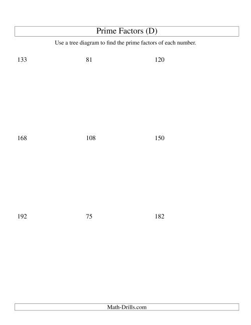 The Prime Factor Trees (Range 48 to 192) (D) Math Worksheet