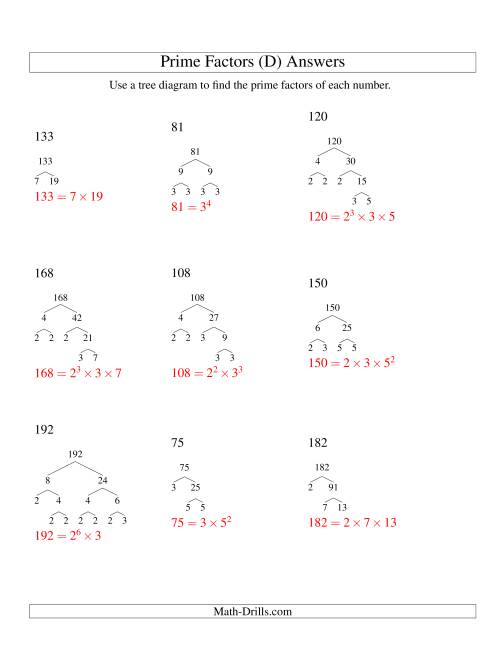 The Prime Factor Trees (Range 48 to 192) (D) Math Worksheet Page 2