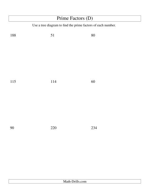 The Prime Factor Trees (Range 48 to 240) (D) Math Worksheet