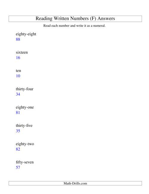 The Reading Written Numbers -- Two-Digits (F) Math Worksheet Page 2