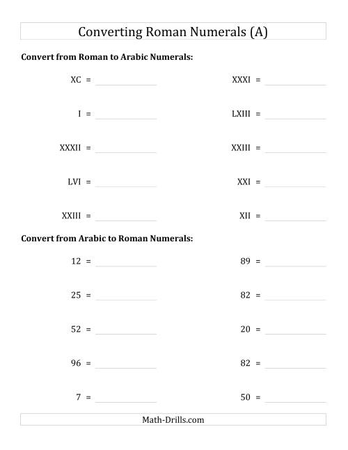 The Converting Compact Roman Numerals up to C to Standard Numbers (A) Math Worksheet