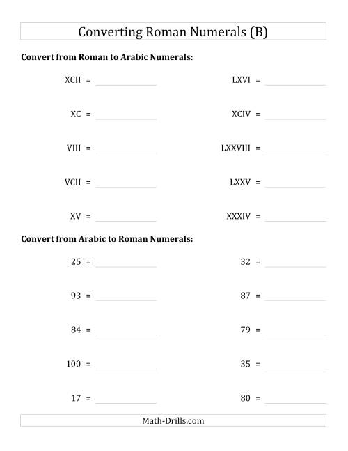 The Converting Compact Roman Numerals up to C to Standard Numbers (B) Math Worksheet