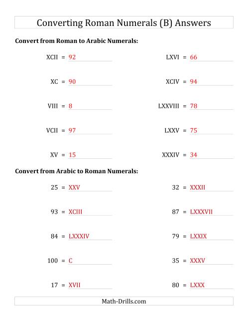 The Converting Compact Roman Numerals up to C to Standard Numbers (B) Math Worksheet Page 2