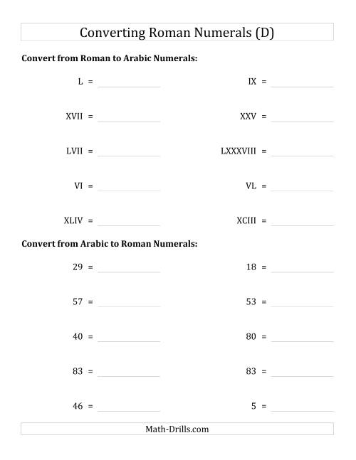 The Converting Compact Roman Numerals up to C to Standard Numbers (D) Math Worksheet