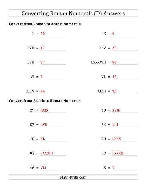 The Converting Compact Roman Numerals up to C to Standard Numbers (D) Math Worksheet Page 2