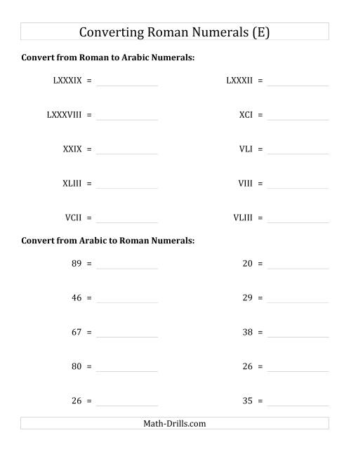 The Converting Compact Roman Numerals up to C to Standard Numbers (E) Math Worksheet