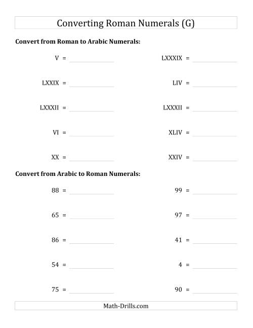 The Converting Compact Roman Numerals up to C to Standard Numbers (G) Math Worksheet