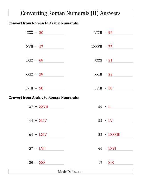 The Converting Compact Roman Numerals up to C to Standard Numbers (H) Math Worksheet Page 2