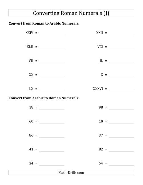 The Converting Compact Roman Numerals up to C to Standard Numbers (J) Math Worksheet