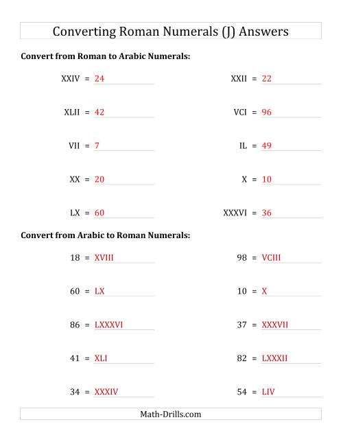 The Converting Compact Roman Numerals up to C to Standard Numbers (J) Math Worksheet Page 2