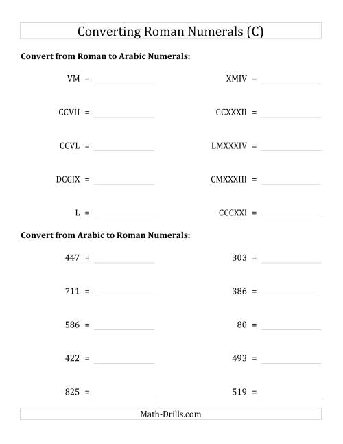 The Converting Compact Roman Numerals up to M to Standard Numbers (C) Math Worksheet