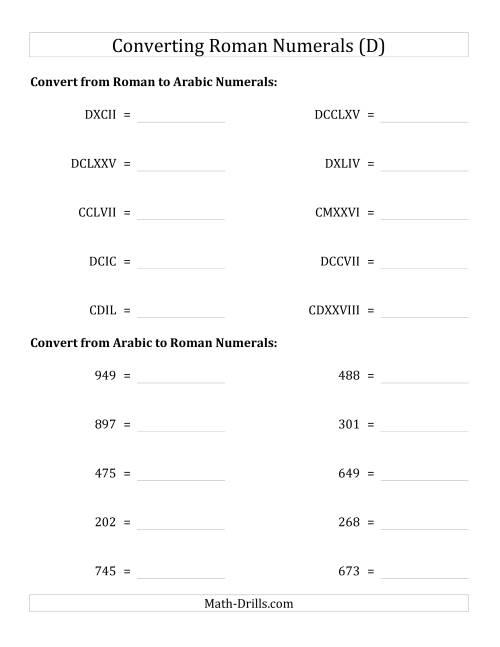 The Converting Compact Roman Numerals up to M to Standard Numbers (D) Math Worksheet