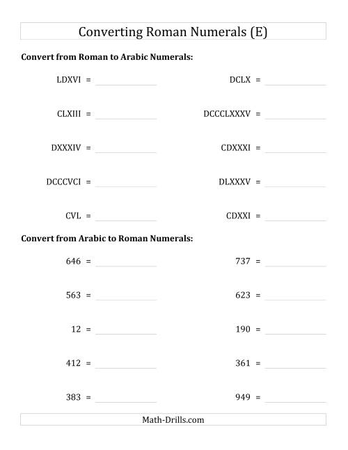 The Converting Compact Roman Numerals up to M to Standard Numbers (E) Math Worksheet
