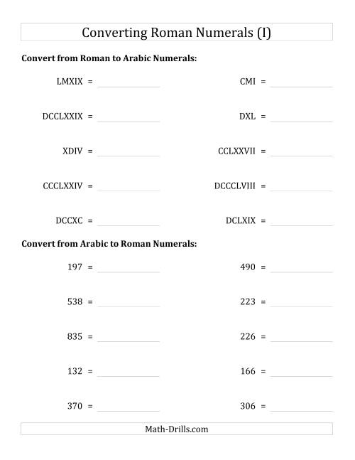 The Converting Compact Roman Numerals up to M to Standard Numbers (I) Math Worksheet