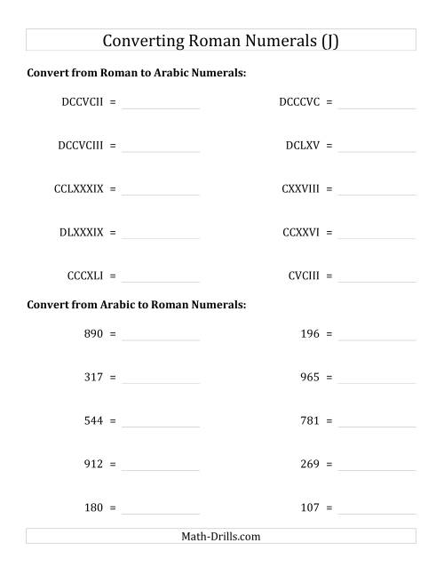 The Converting Compact Roman Numerals up to M to Standard Numbers (J) Math Worksheet