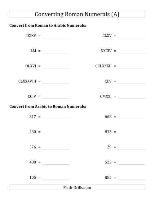 The Converting Compact Roman Numerals up to M to Standard Numbers (All) Math Worksheet