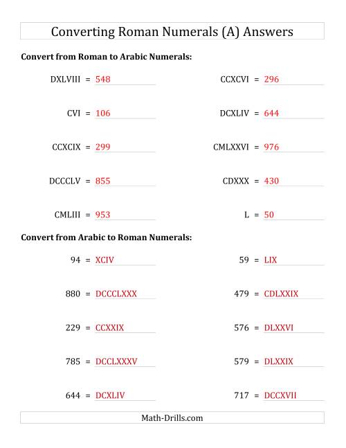 The Converting Roman Numerals up to M to Standard Numbers (A) Math Worksheet Page 2