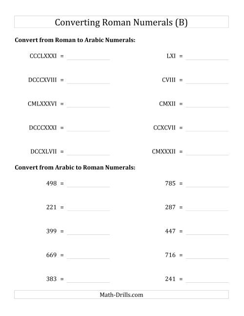 The Converting Roman Numerals up to M to Standard Numbers (B) Math Worksheet