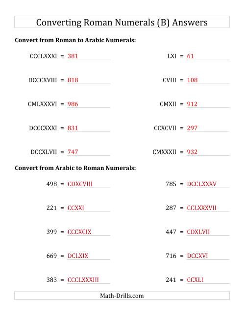 The Converting Roman Numerals up to M to Standard Numbers (B) Math Worksheet Page 2