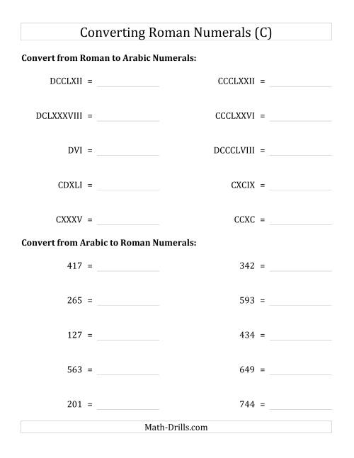 The Converting Roman Numerals up to M to Standard Numbers (C) Math Worksheet