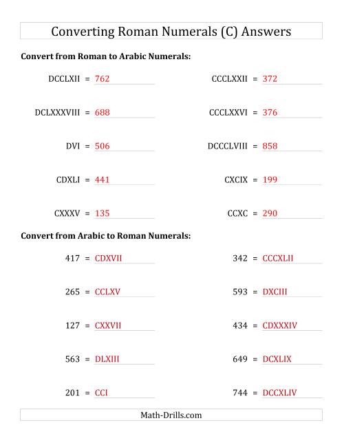 The Converting Roman Numerals up to M to Standard Numbers (C) Math Worksheet Page 2