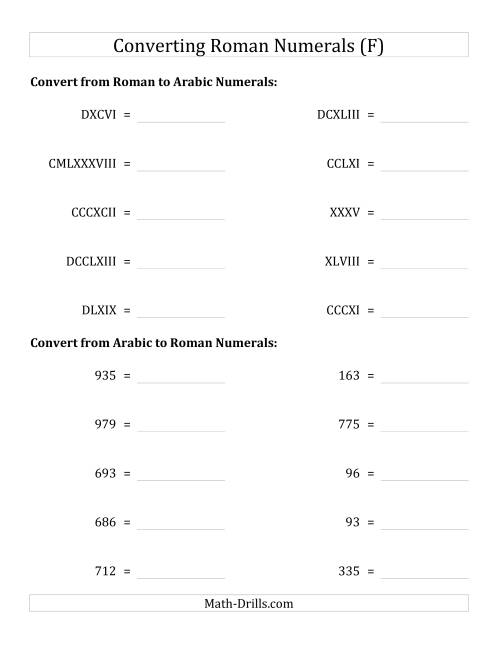 The Converting Roman Numerals up to M to Standard Numbers (F) Math Worksheet