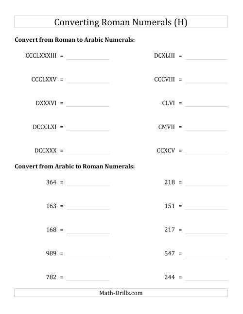 The Converting Roman Numerals up to M to Standard Numbers (H) Math Worksheet