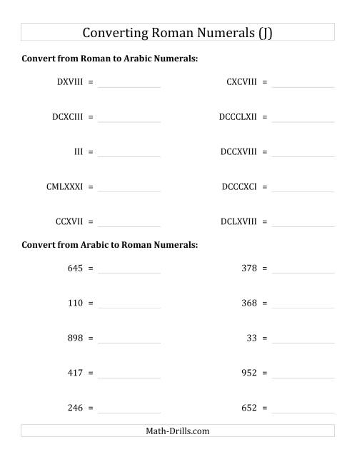 The Converting Roman Numerals up to M to Standard Numbers (J) Math Worksheet