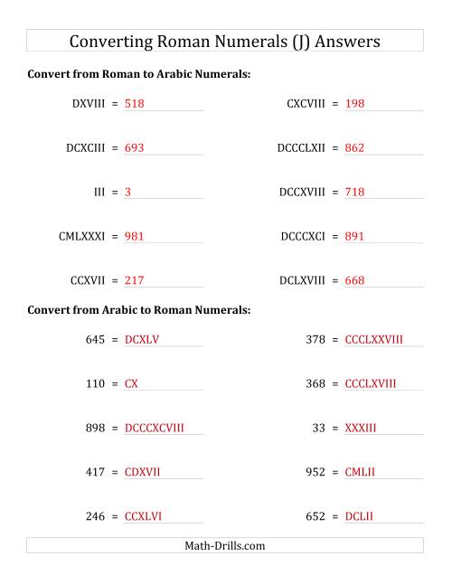 The Converting Roman Numerals up to M to Standard Numbers (J) Math Worksheet Page 2