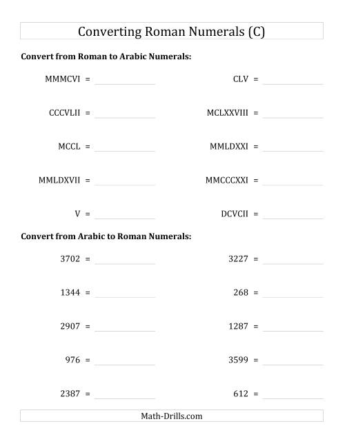 The Converting Compact Roman Numerals up to MMMIM to Standard Numbers (C) Math Worksheet