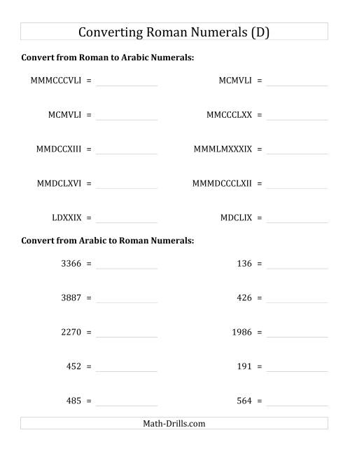The Converting Compact Roman Numerals up to MMMIM to Standard Numbers (D) Math Worksheet