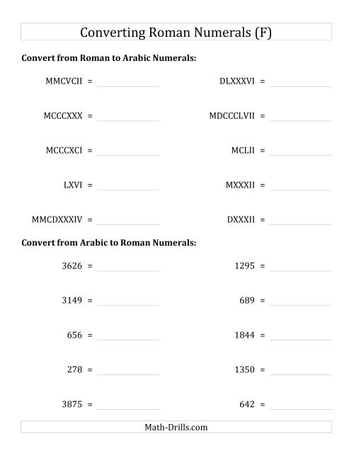 The Converting Compact Roman Numerals up to MMMIM to Standard Numbers (F) Math Worksheet