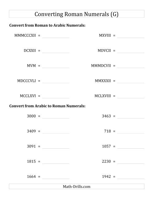 The Converting Compact Roman Numerals up to MMMIM to Standard Numbers (G) Math Worksheet