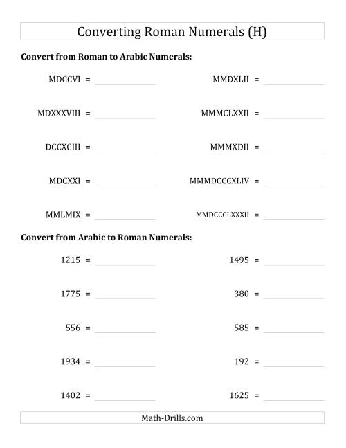 The Converting Compact Roman Numerals up to MMMIM to Standard Numbers (H) Math Worksheet