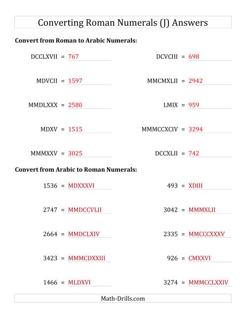 The Converting Compact Roman Numerals up to MMMIM to Standard Numbers (J) Math Worksheet Page 2