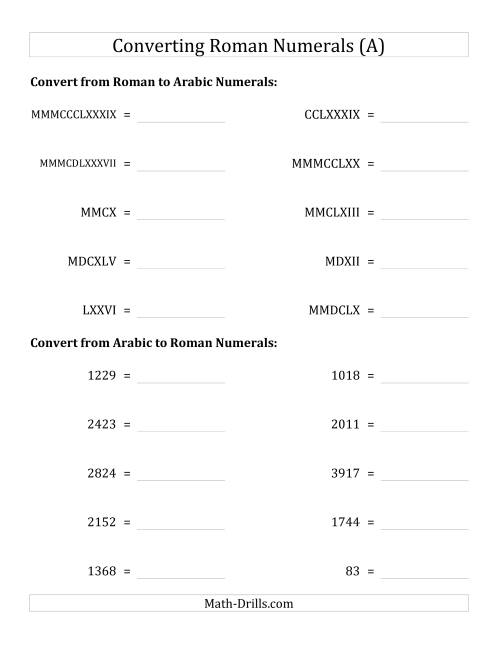 The Converting Roman Numerals up to MMMCMXCIX to Standard Numbers (A) Math Worksheet