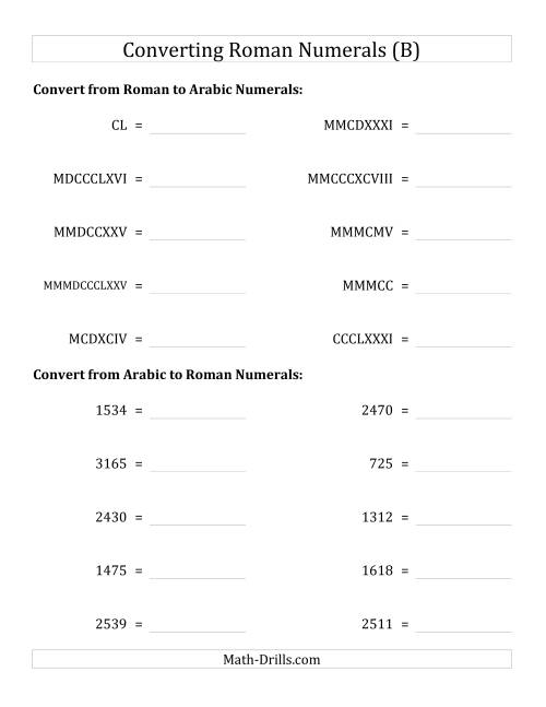 The Converting Roman Numerals up to MMMCMXCIX to Standard Numbers (B) Math Worksheet