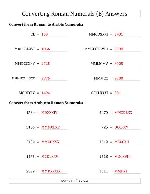 The Converting Roman Numerals up to MMMCMXCIX to Standard Numbers (B) Math Worksheet Page 2
