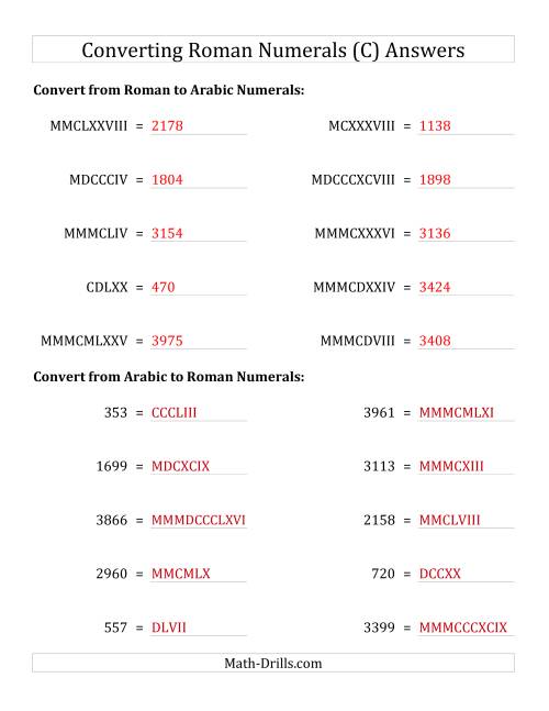 The Converting Roman Numerals up to MMMCMXCIX to Standard Numbers (C) Math Worksheet Page 2