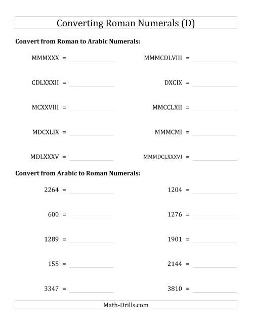 The Converting Roman Numerals up to MMMCMXCIX to Standard Numbers (D) Math Worksheet