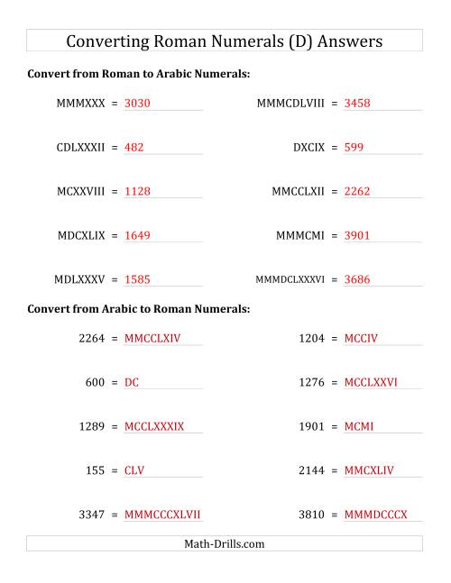 The Converting Roman Numerals up to MMMCMXCIX to Standard Numbers (D) Math Worksheet Page 2