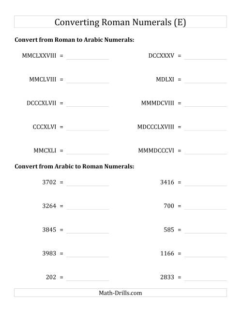 The Converting Roman Numerals up to MMMCMXCIX to Standard Numbers (E) Math Worksheet
